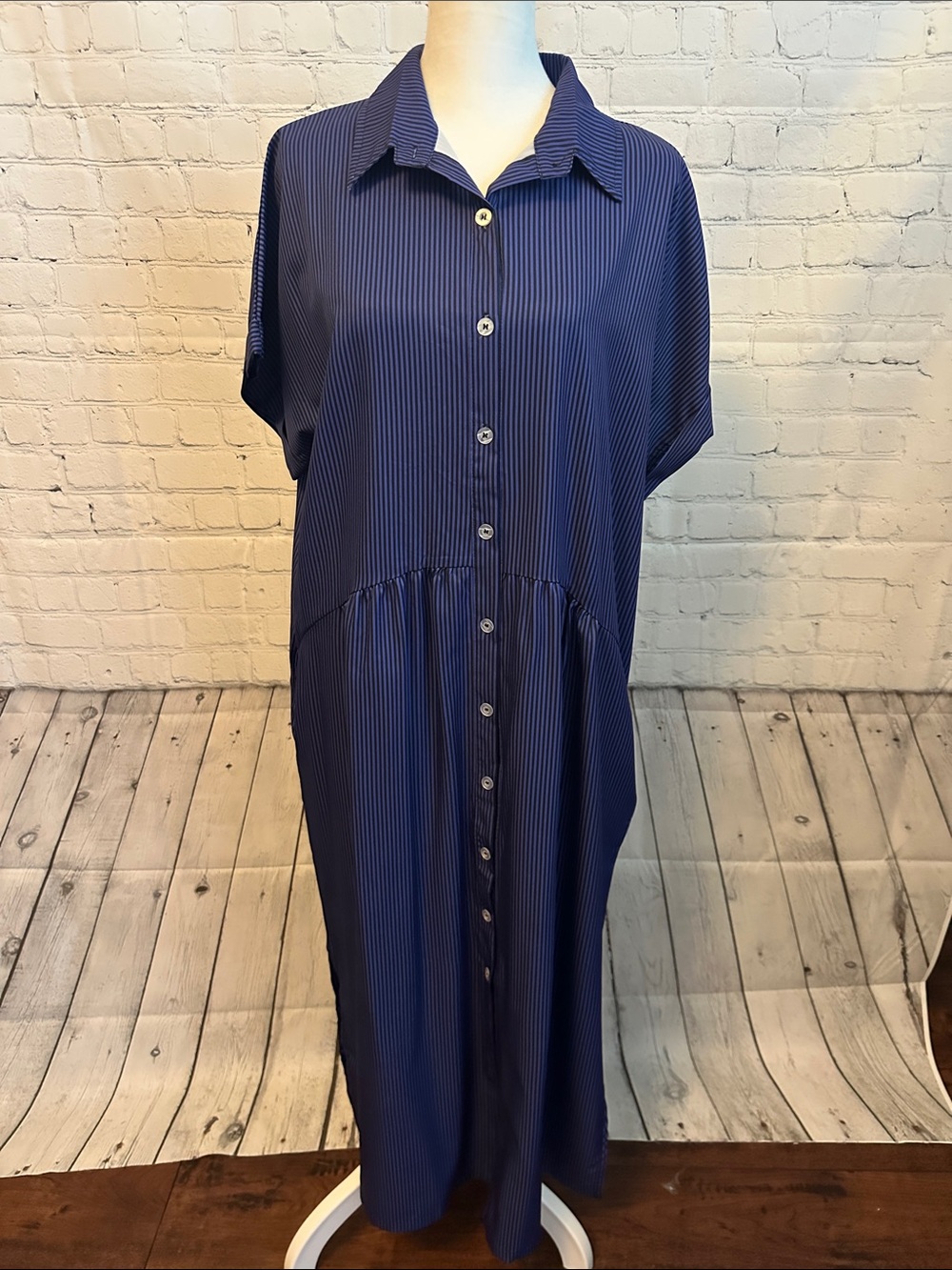 Purple/Blue and black Pinstripe Button-Down Maxi Dress